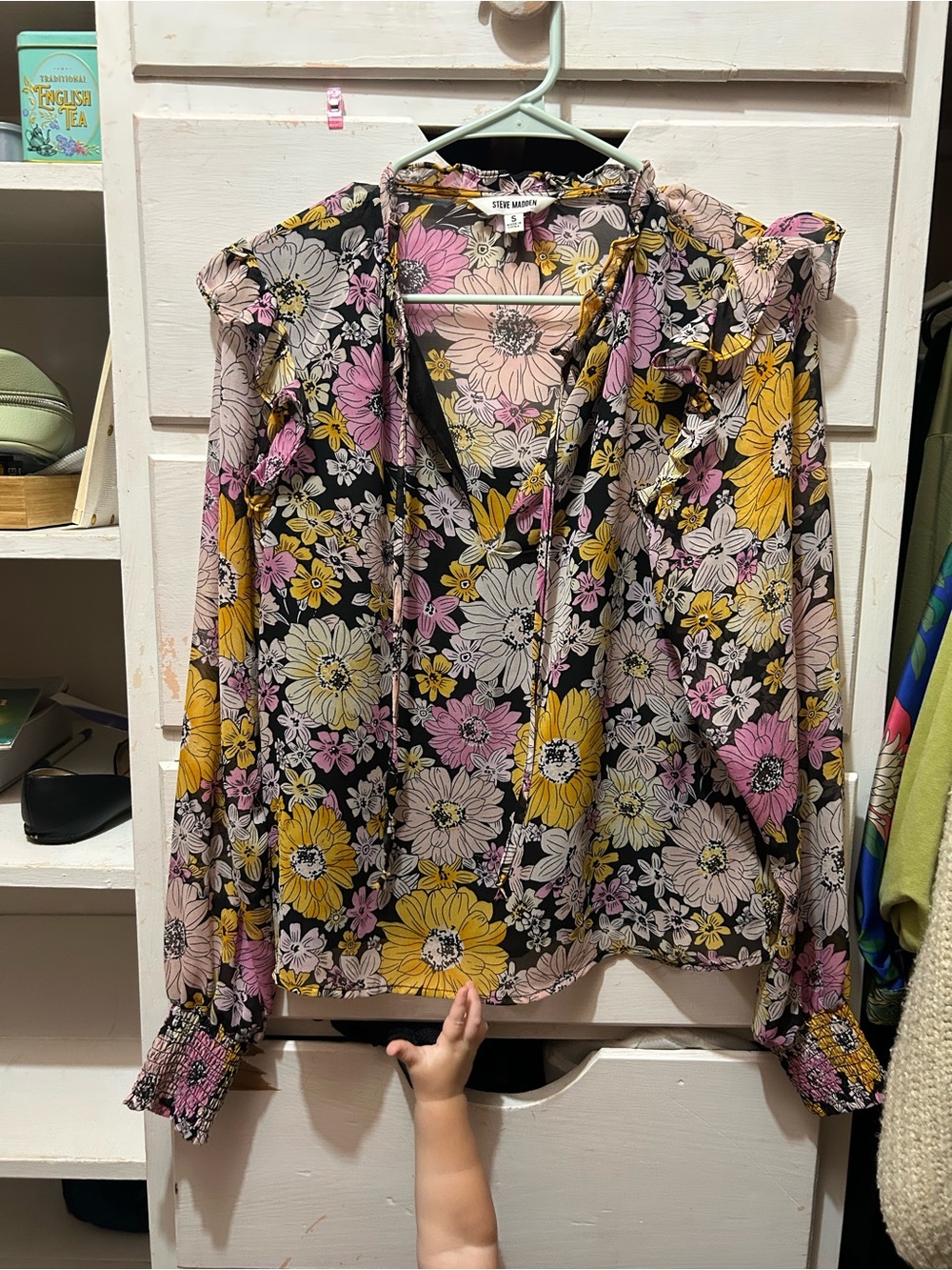 Steve Madden Black Floral Tie-Neck Blouse with Pink & Yellow Blooms
